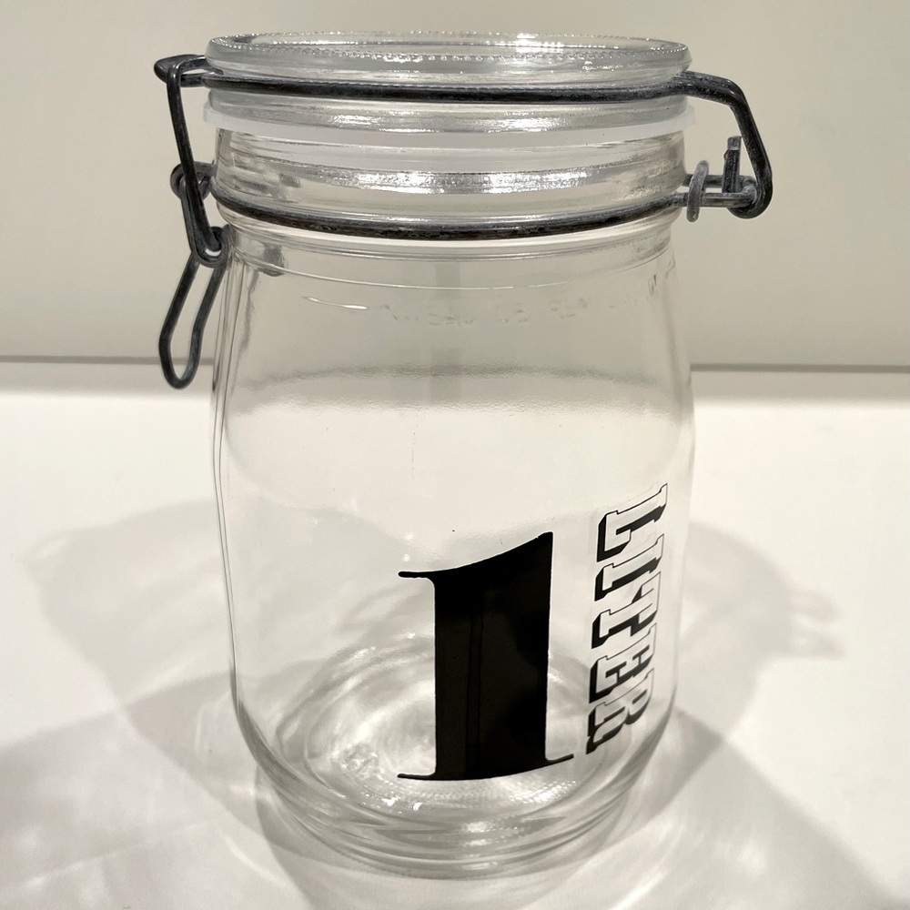 Triomphe Glass Storage Canister 1L w Metal Clamp Lid and new Gasket.